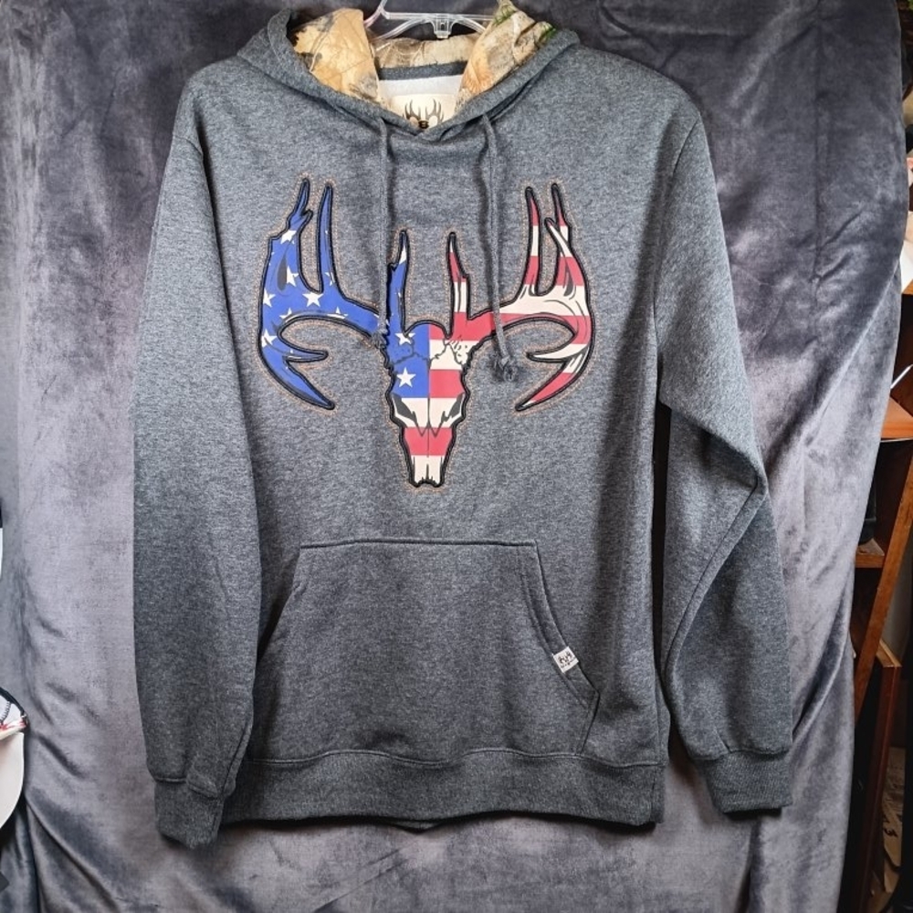 Men's Charcoal Pullover Hoodie with American Flag Antler Skull Graphic